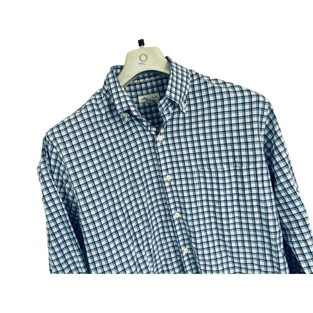 Peter Millar Button-Up Shirt 100% Cotton Blue White Tartan Size Med